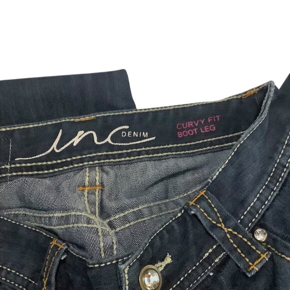 INC Denim Curvy Fit Boot Leg Jeans 2S Dark Wash Cotton Blend Bling Pockets - Picture 3 of 7